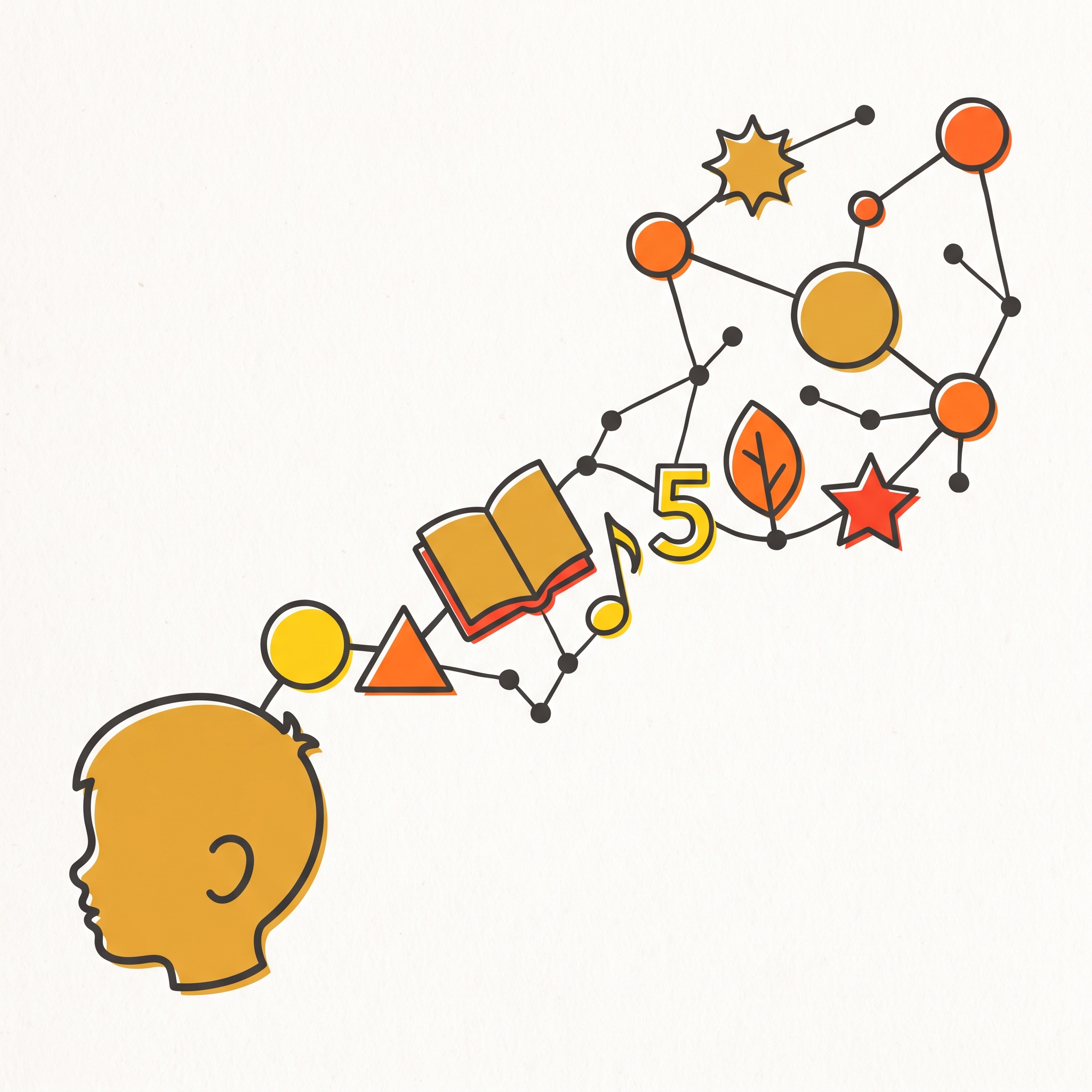 Illustration of a child's profile with a trail of shapes, books, numbers and stars flowing outward into a connected constellation, representing a unique learning signature.