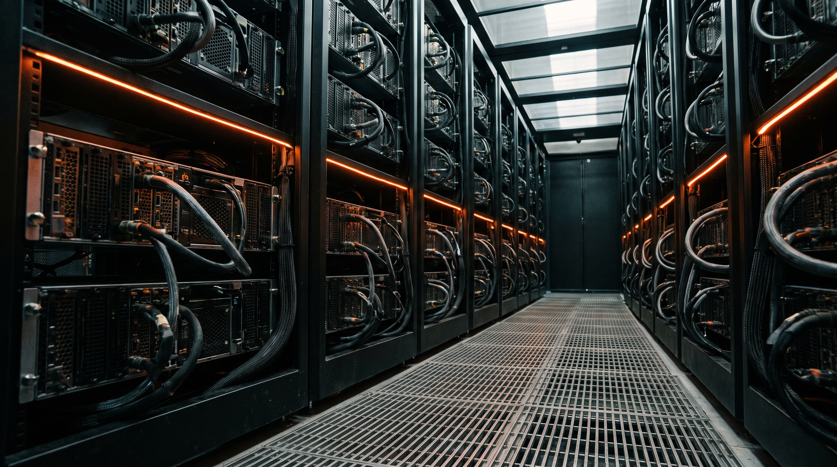 GPU server aisle with molten orange status lighting