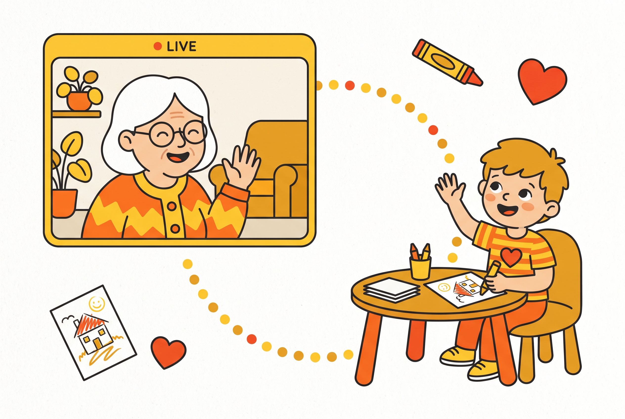Illustration of a grandmother waving from a live video call panel while her grandson, sitting at a small table with crayons, waves back at her.