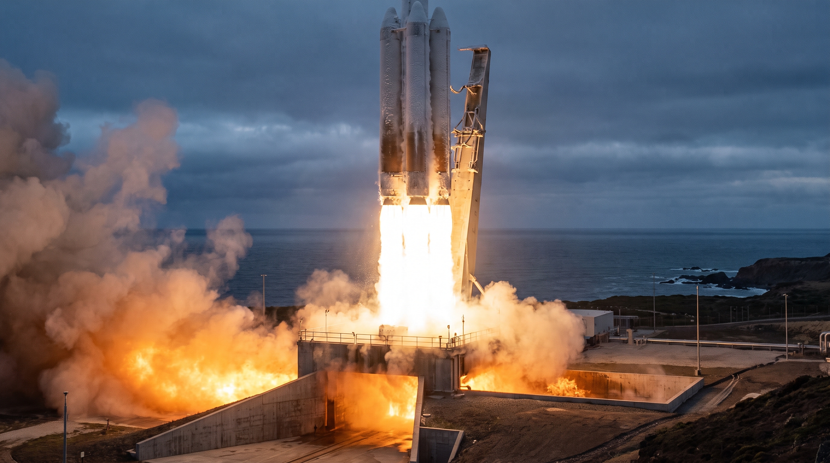 Orbital rocket igniting on a coastal launch pad