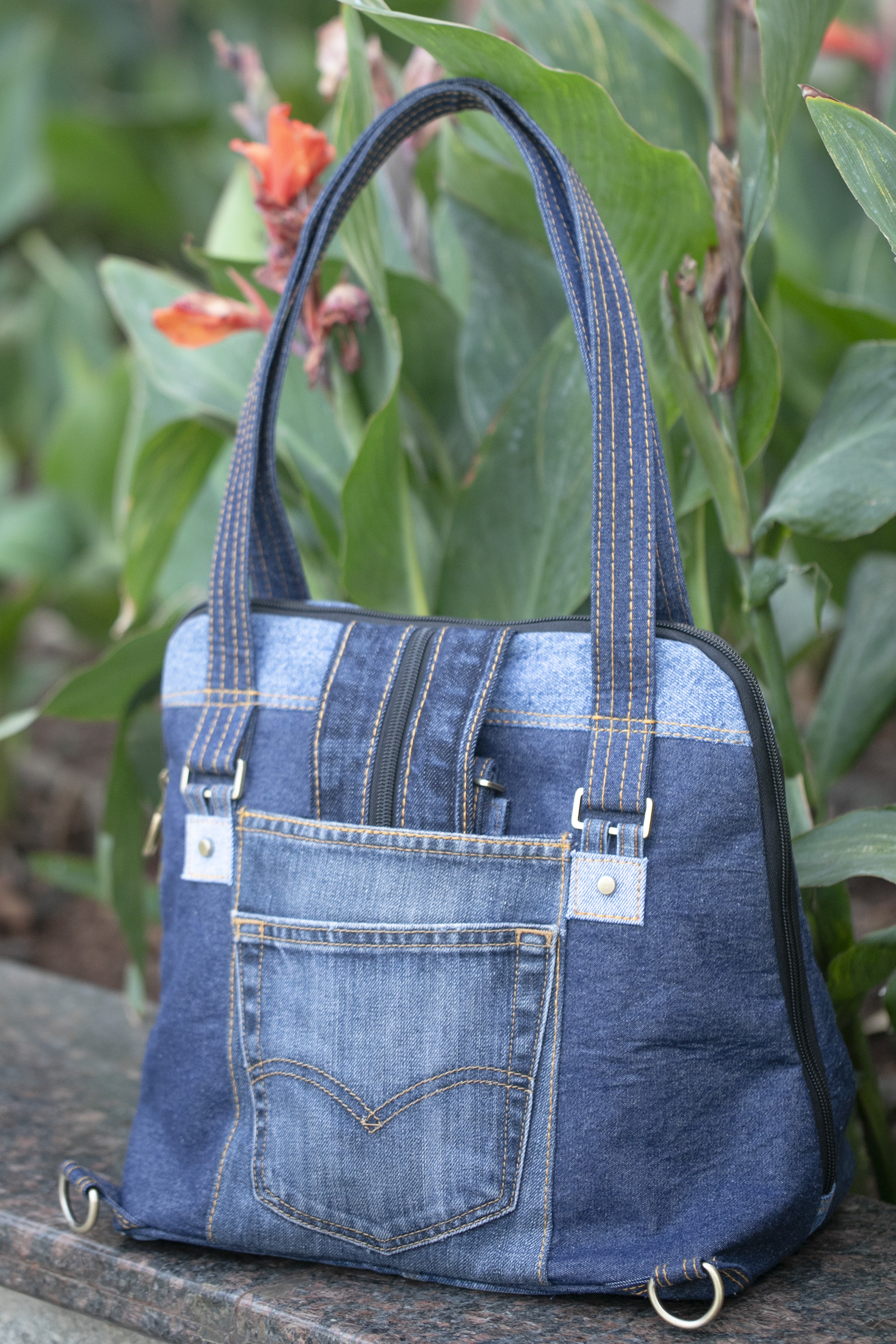 Front view of the structured Born Again denim tote
