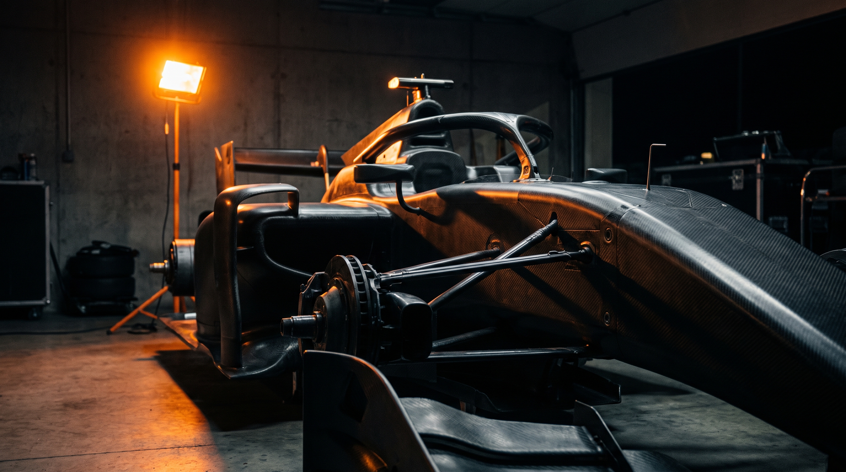 Carbon-fiber open-wheel race car in a pit garage