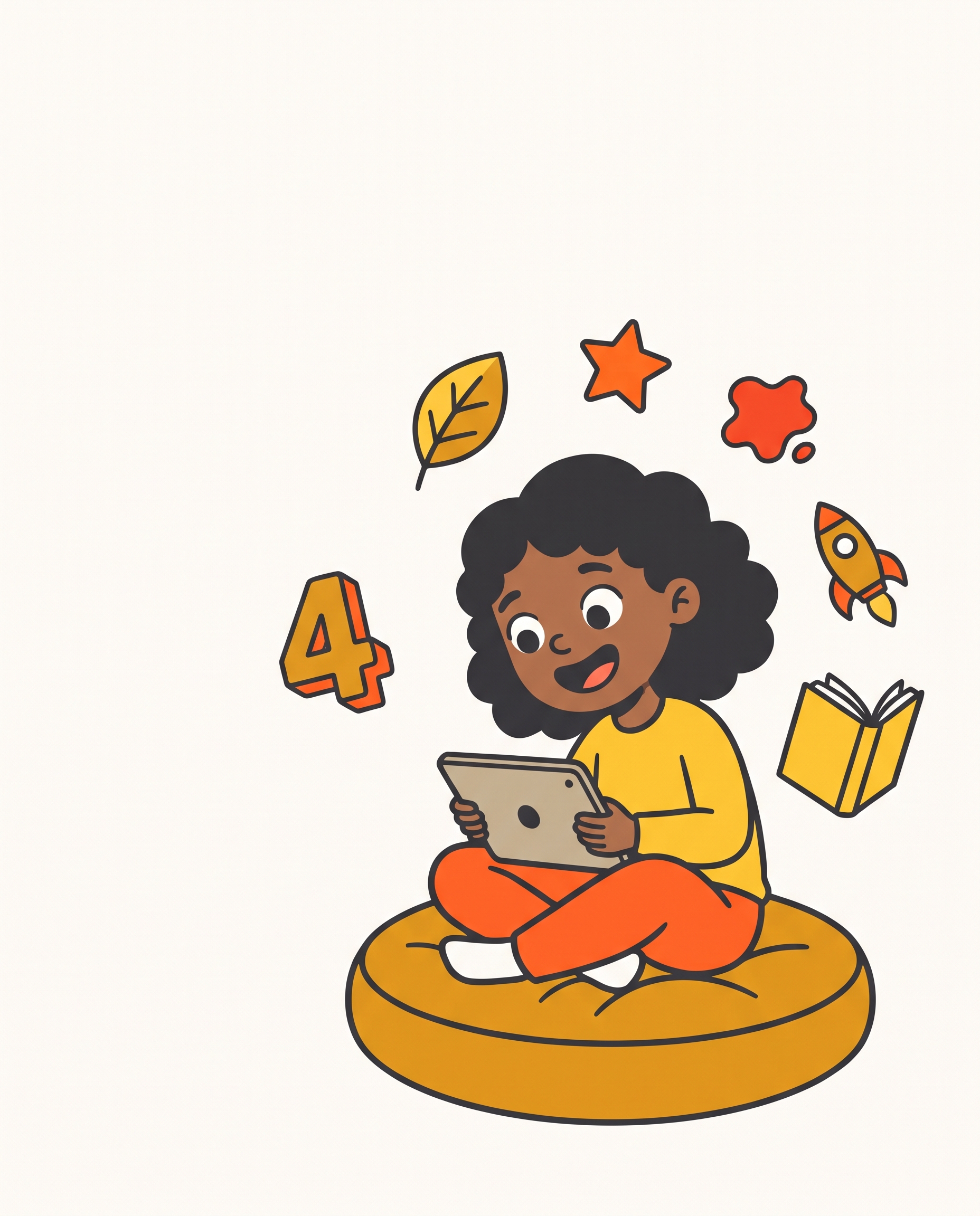 Illustration of a young girl sitting cross-legged on a cushion, smiling at a tablet, surrounded by floating shapes representing numbers, nature, reading and space.